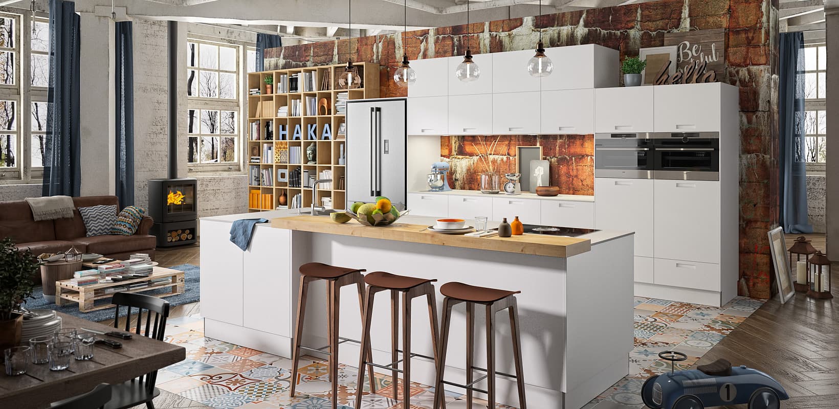 KÜCHE KREATIV - PURISMUS IN GLETSCHERWEISS MIT MUSCHELGRIFFE